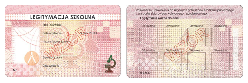 Zdjęcie przedstawiające pusty awers i rewers e-legitymacji, z napisem WZÓR po przekątnej