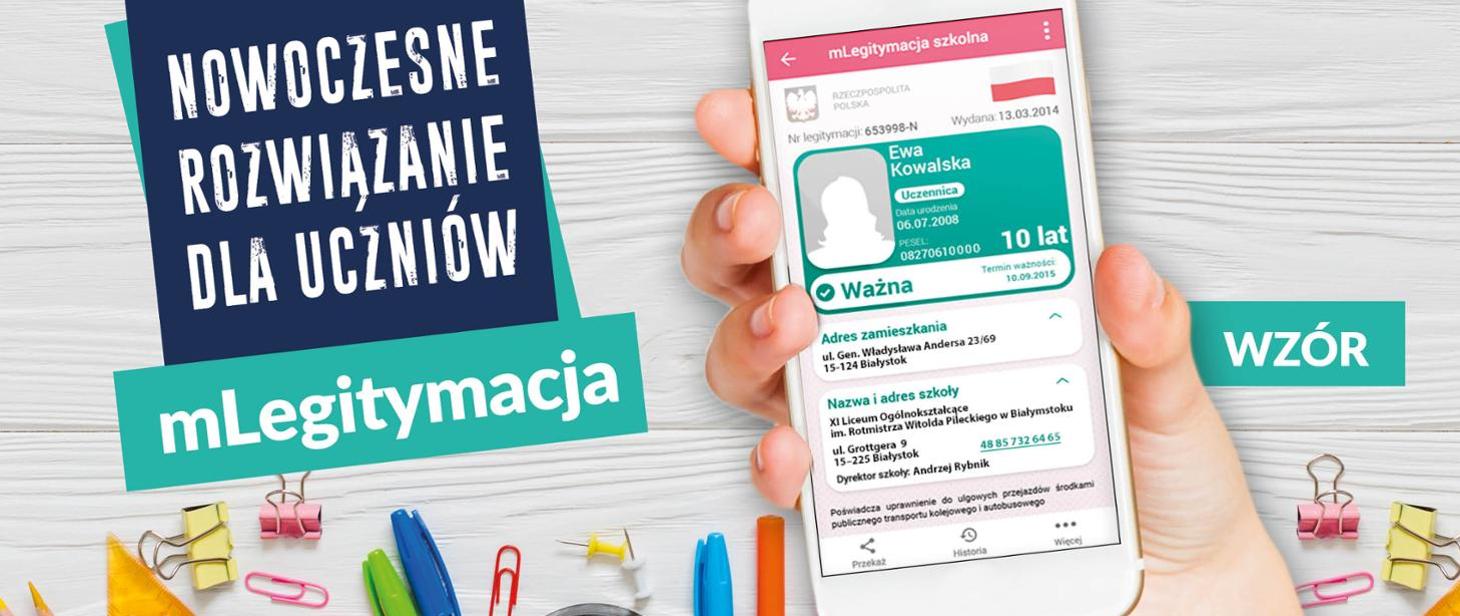 Grafika przedstawiająca rękę trzymającą telefon. Na telefonie otworzona jest aplikacja z napisem &ldquo;mLegitymacja szkolna&rdquo;. Poniżej napisu widać dane uczennicy. Po prawej stronie telefonu widać napis WZÓR, a po lewej &ldquo;Nowoczesne rozwiązanie dla uczniów - mLegitymacja&rdquo;